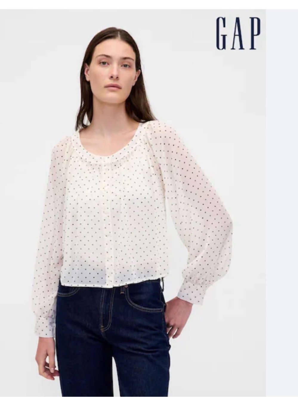 GAP Cream Sheer Polka Dot Long-Sleeve Blouse NWOT Large